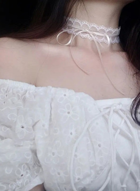 超仙黑白蕾丝蝴蝶结choker项链2025款森系少女系带颈链长款锁骨链