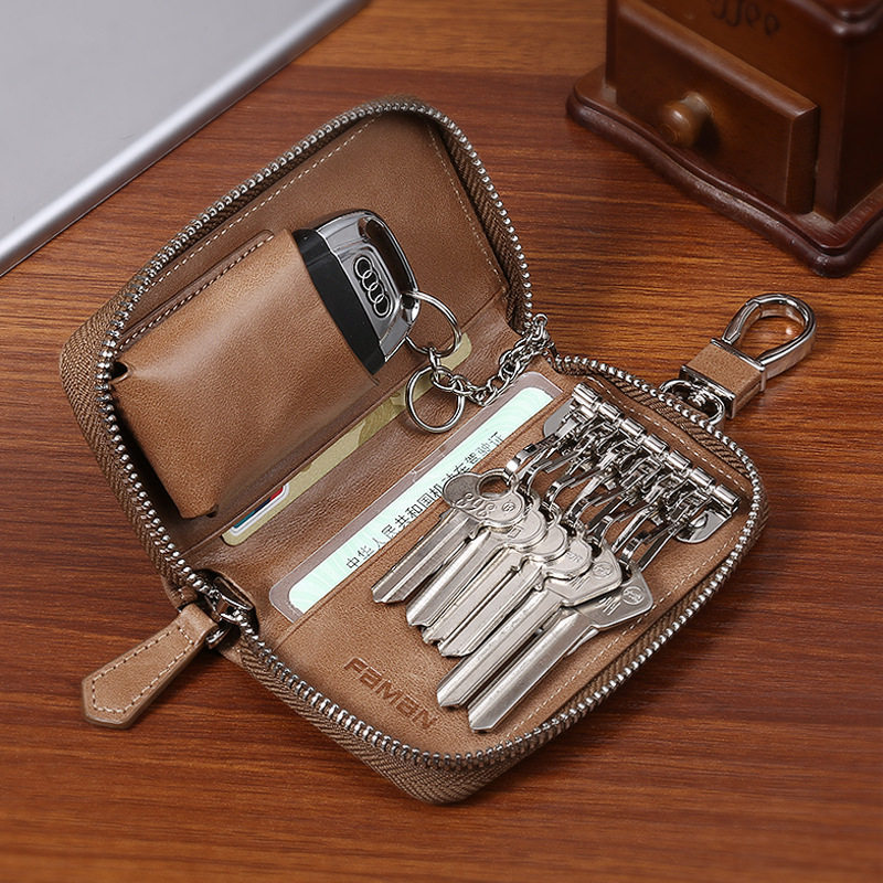 网红复古钥匙包男真皮大容量拉链钥匙收纳包多功能汽车牛皮锁钥包,淘宝优惠券,粉丝福利购,淘宝优惠卷