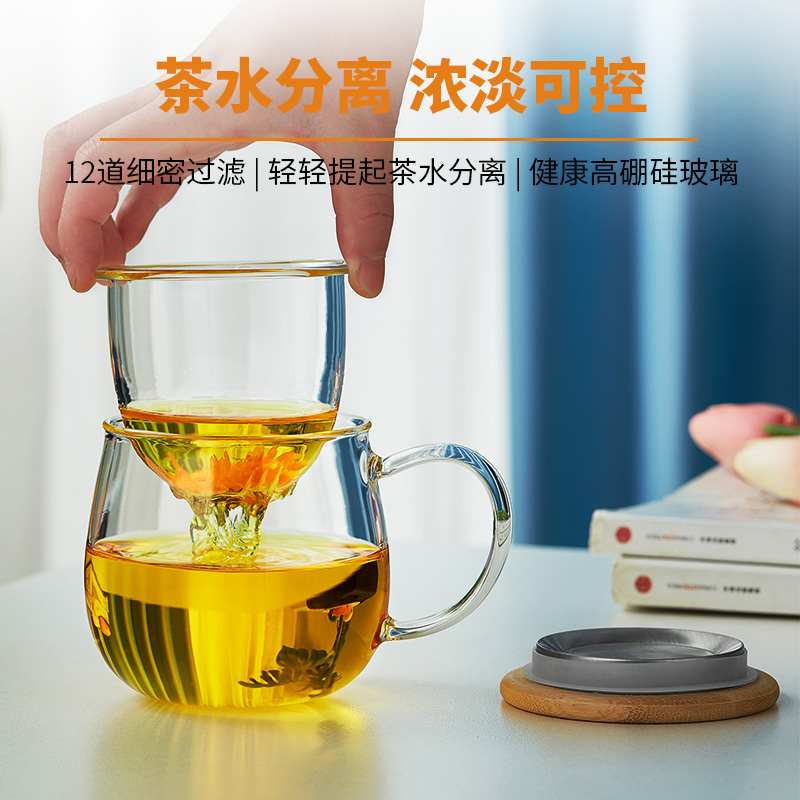 美斯尼玻璃茶杯茶水分离泡茶杯办公室专用带盖耐高温水杯茶道杯子-图1