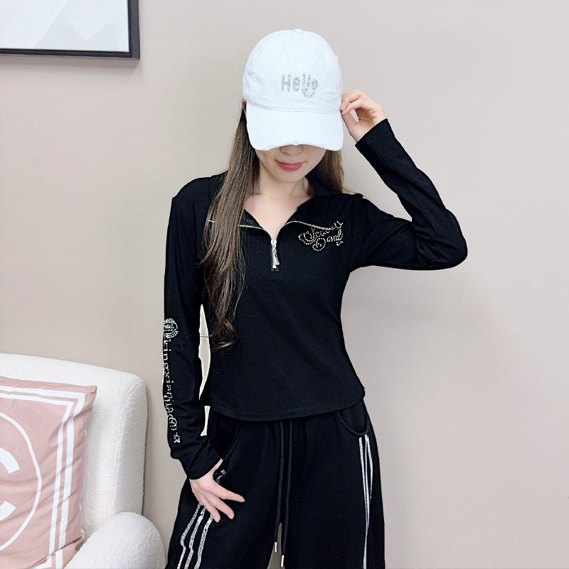 秋冬磨毛拉绒拉链广场舞上衣新款烫钻高弹力长袖T恤韩版健身衣服