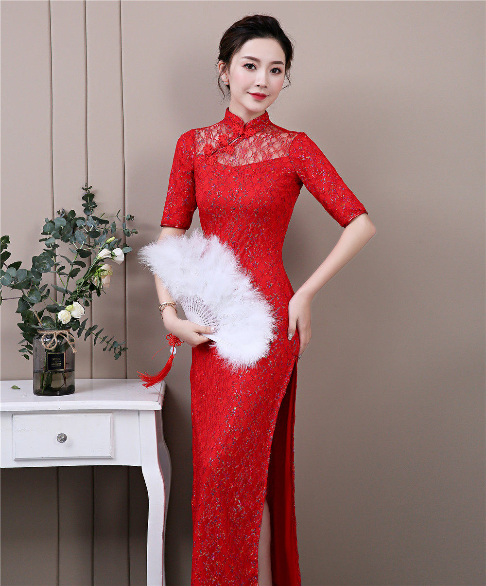 礼仪服装女迎宾旗袍中国风2019新款中袖新娘敬酒服演出服走秀宴会