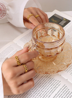 欧美风个性时尚钛钢镀金简约镂空戒指跨境热销极简叠戴男女款指环