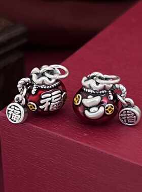 999足银挂坠福袋流苏珐琅彩胶