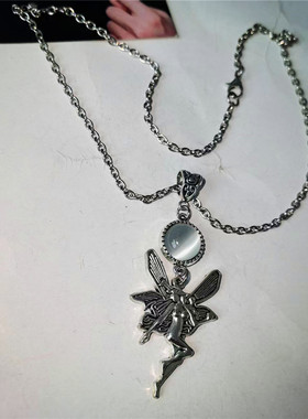 仿猫眼石月光精灵吊坠项链女蝴蝶精灵天使项链新款