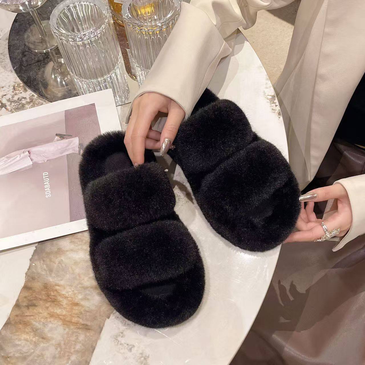 2025新款毛毛拖鞋女秋冬季外穿松糕厚底级感毛绒双带家居棉拖,淘宝优惠券,粉丝福利购,淘宝优惠卷