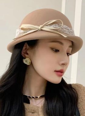 秋冬羊毛呢优雅盆帽女出游英伦