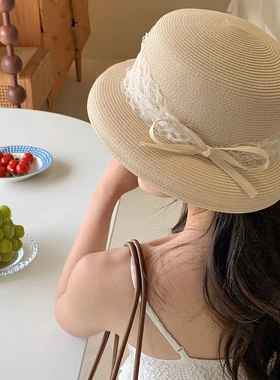 春夏法式草帽盆帽女麻纱蝴蝶结
