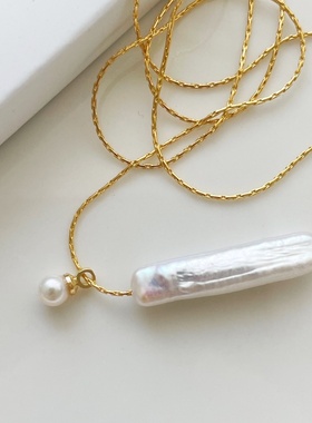 小叮当-天然珍珠方块珍珠搭小圆珠14K注金项链时尚百搭简约气质