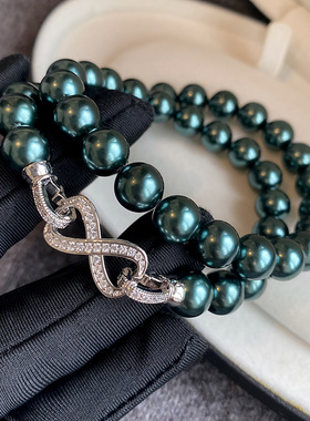 玻璃大溪地珍珠项链女微镶满锆石8字扣锁骨链时尚气质卫衣毛衣链