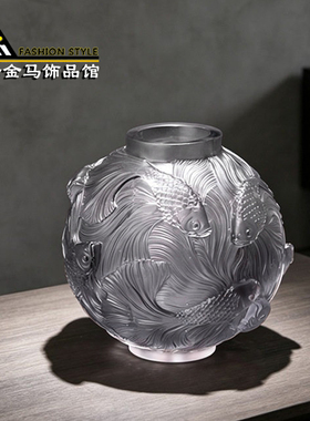 浮雕游鱼圆形灰色透明琉璃花瓶