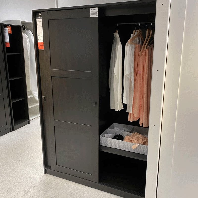 宜家滑门推拉门衣柜, 黑褐色117x176x55cm简约北欧储物柜拉科斯塔