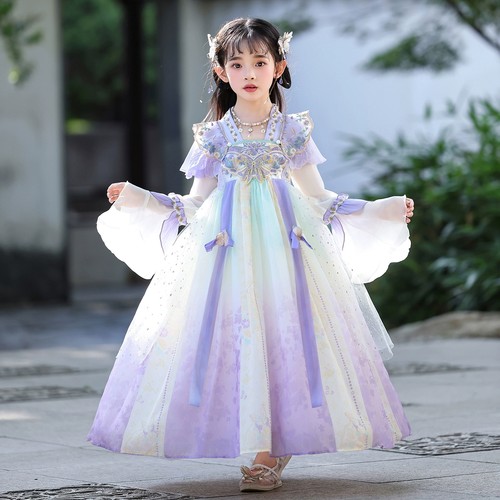 汉服女童中秋连衣裙秋季2025新款儿童古风唐装女孩超仙国风公主裙 - 图0