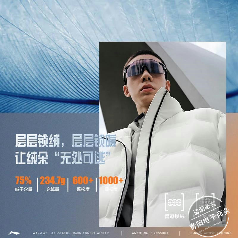 李宁羽绒服男款短款外套2023冬季新款鸭绒立领羽绒服男士AYMT299