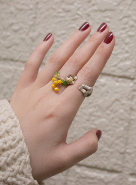 Palnart poc 日本原创设计手工手作含羞草花朵森系甜美可爱戒指