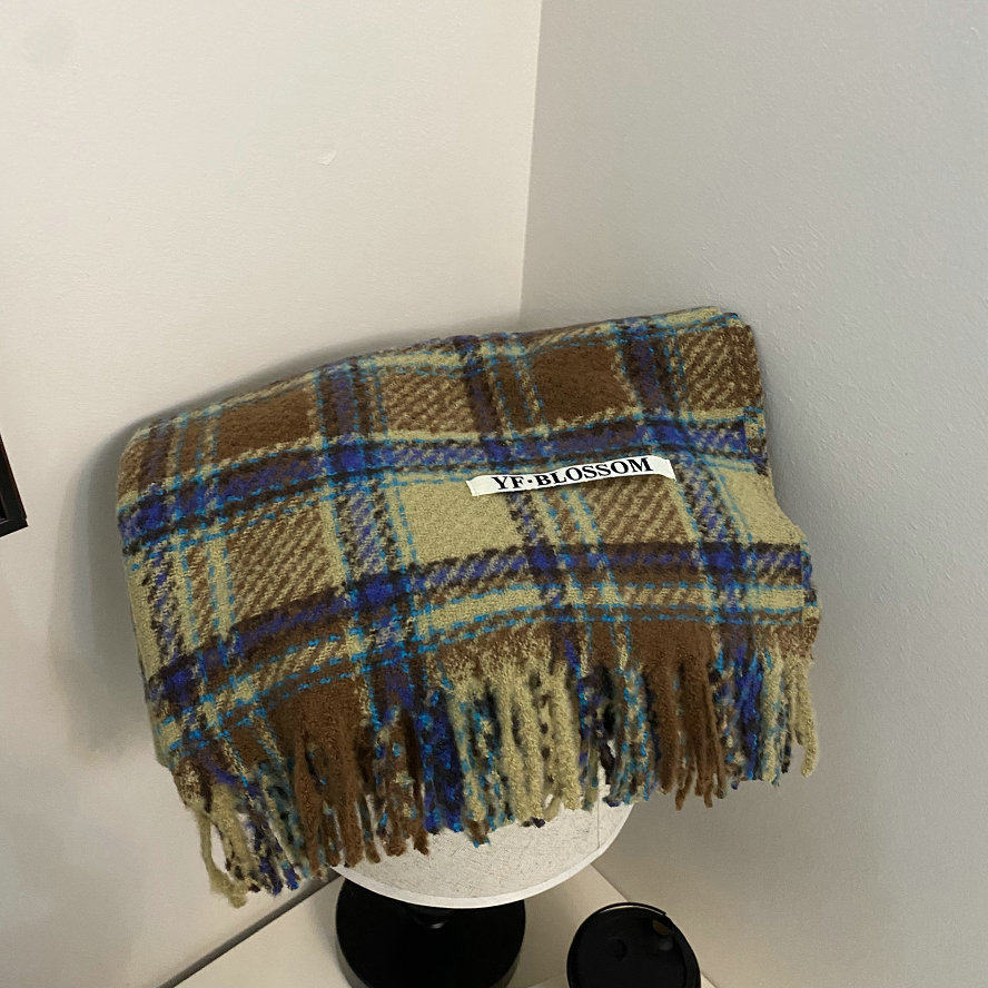 日系学院风黄蓝撞色格子围巾女秋冬季英伦拼色仿羊绒保暖流苏围脖,淘宝优惠券,粉丝福利购,淘宝优惠卷