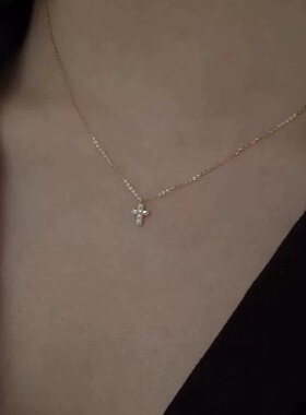 【KuGirl】日系925纯银镀18K金小众纤细精致镶钻迷你十字架吊坠