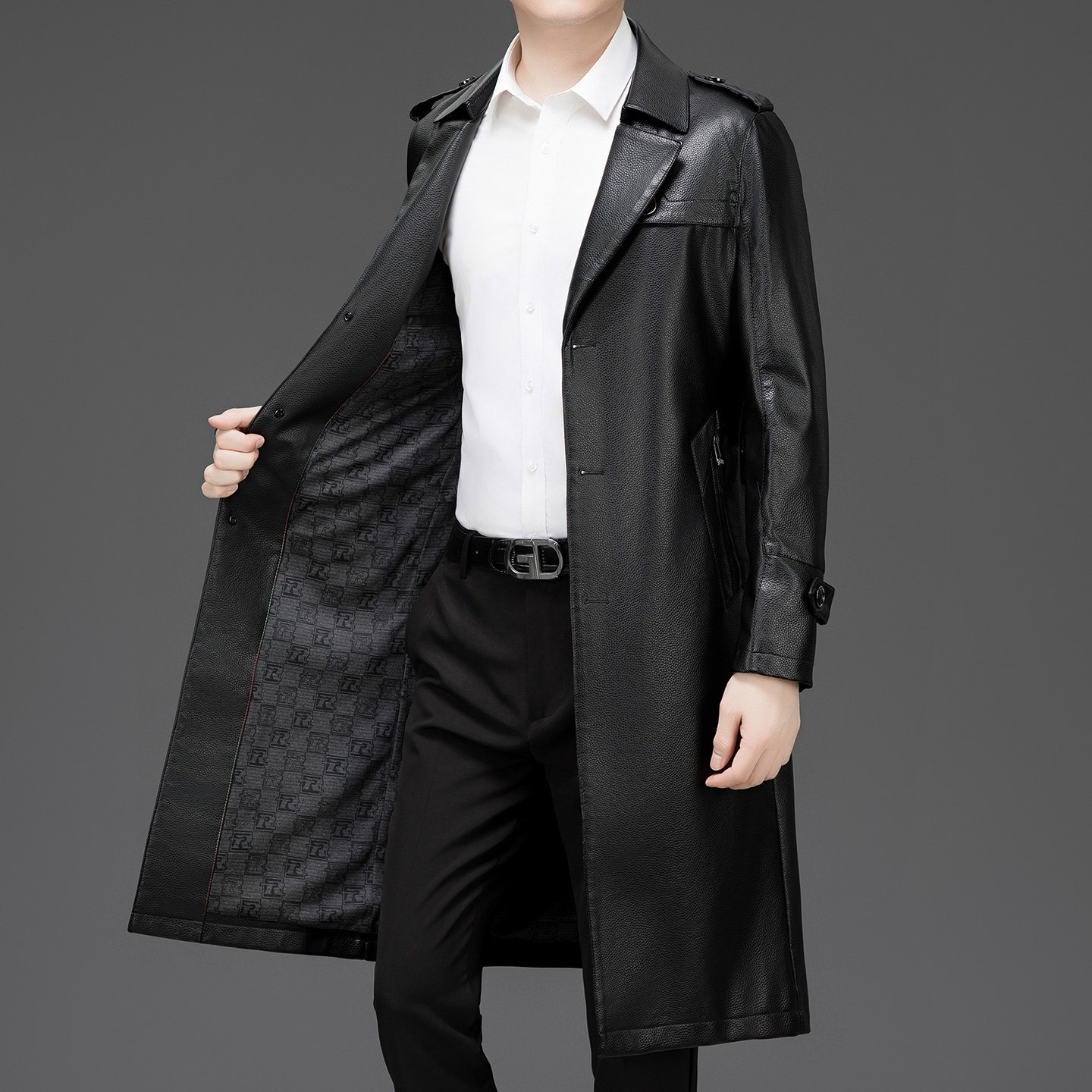 新款海宁真皮皮风衣男长款过膝头层牛皮西装领皮大衣男士皮衣外套,淘宝优惠券,粉丝福利购,淘宝优惠卷