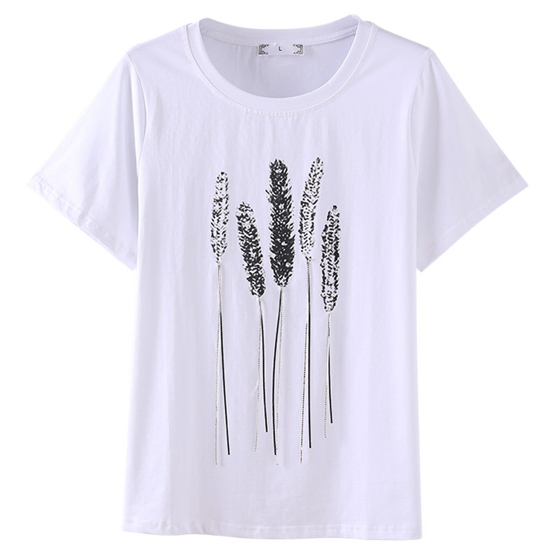 韩版大码宽松圆领印花烫钻胖mm t恤 云妃秀大码女装