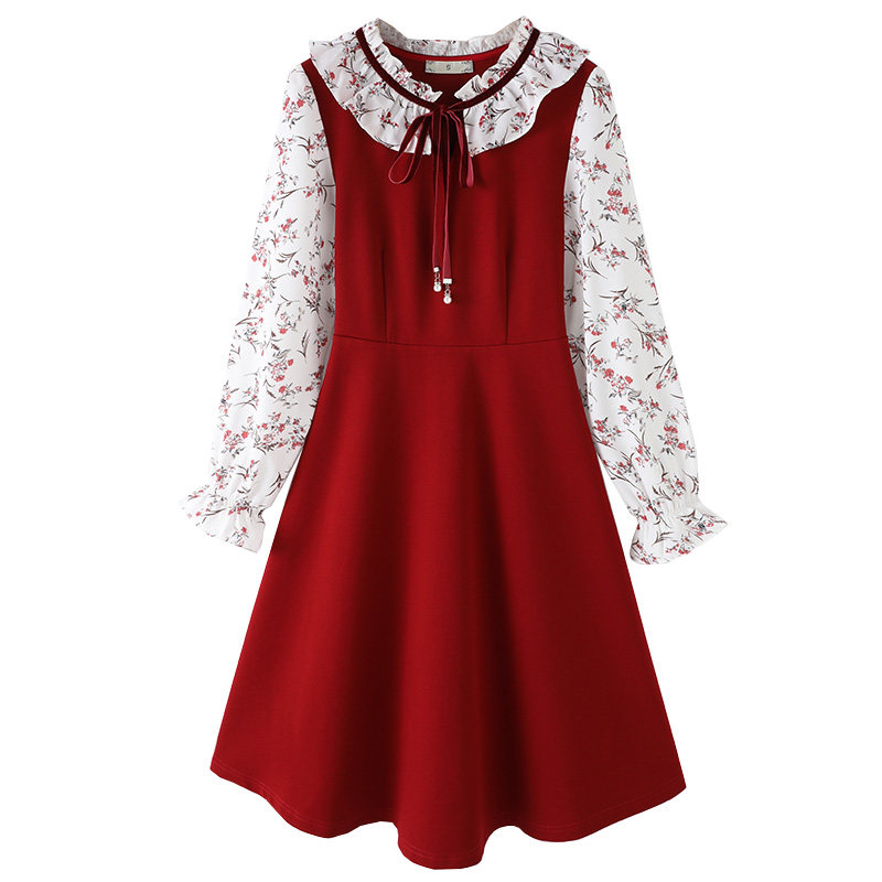 2020秋季领口拼接绑带装饰潮连衣裙 云妃秀大码女装