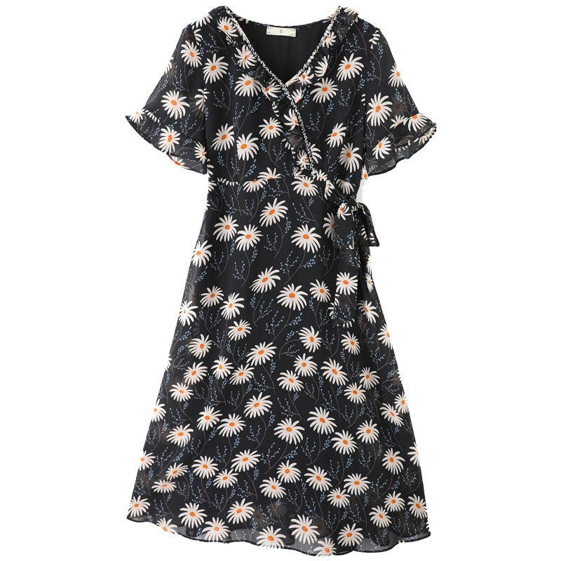 韩版大码宽松v领小雏菊印花连衣裙 云妃秀大码女装