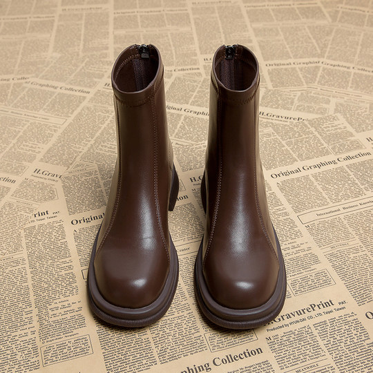 真皮靴子女秋冬2025新款韩系短靴女法式粗跟小踝靴巨好看瘦瘦靴