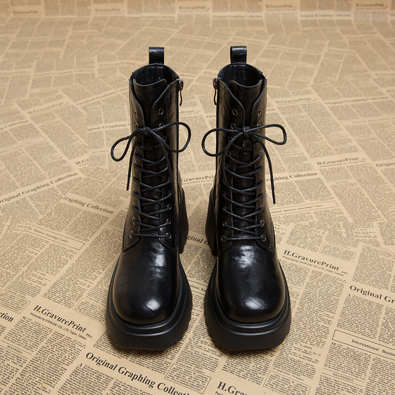 真皮高跟靴子女2025新款秋冬松糕厚底系带马丁靴高级感炸街小短靴,淘宝优惠券,粉丝福利购,淘宝优惠卷