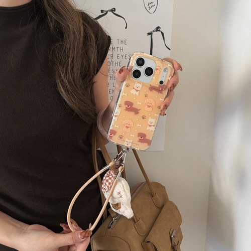 IMD白鹿同款卡通可爱杏黄色满屏狗狗骨头脚印手机壳适用iPhone17promax大孔防摔ins苹果16磨砂15玩偶14挂绳13 - 图1