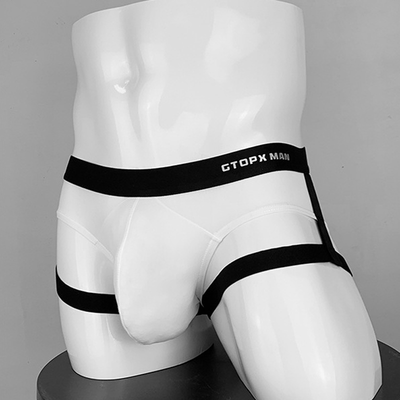男士冰丝吊带绑带正装U凸薄款个性单丁裤低腰大囊袋后空性感T裤 - 图2