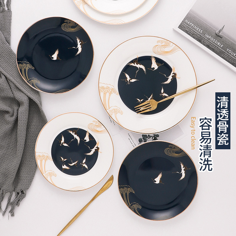 墨色原创中式陶瓷盘子菜盘家用 网红创意骨瓷餐具套装西餐盘 瑞鹤 - 图2