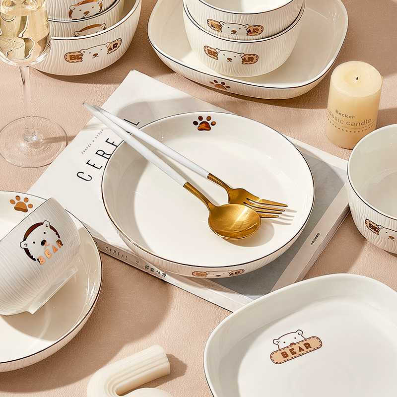 墨色高级感盘子碗家用2022新款菜盘碟子网红餐具深盘早餐盘木纹熊 - 图3