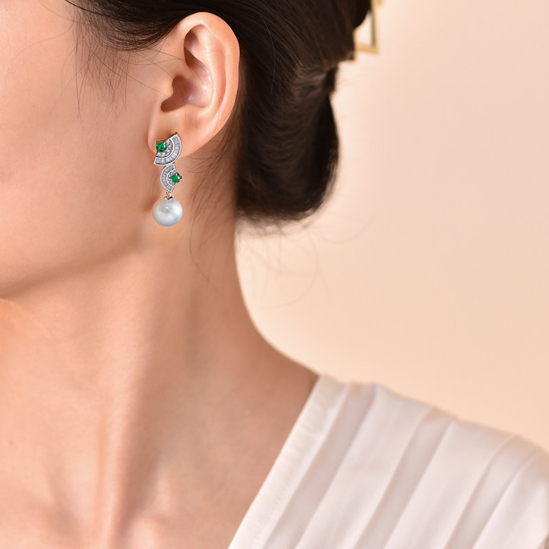 18K金天然南洋澳白珍珠耳钉祖母绿钻石耳环新中式珠宝折扇送妈妈,淘宝优惠券,粉丝福利购,淘宝优惠卷