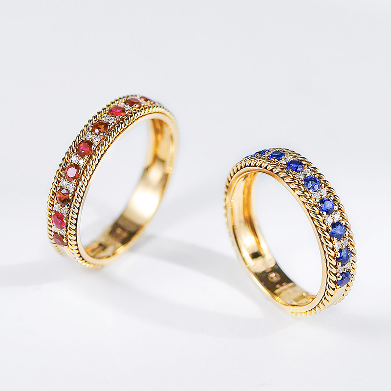 Natural royal blue sapphire ring 18K gold Burmese pigeon blood red ruby diamond row ring couple ring