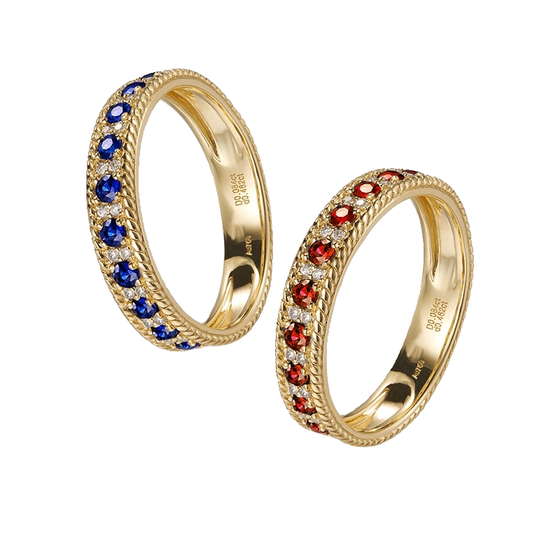 Natural royal blue sapphire ring 18K gold Burmese pigeon blood red ruby diamond row ring couple ring