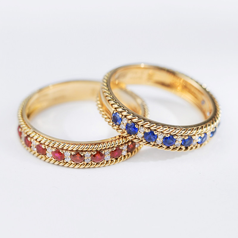 Natural royal blue sapphire ring 18K gold Burmese pigeon blood red ruby diamond row ring couple ring