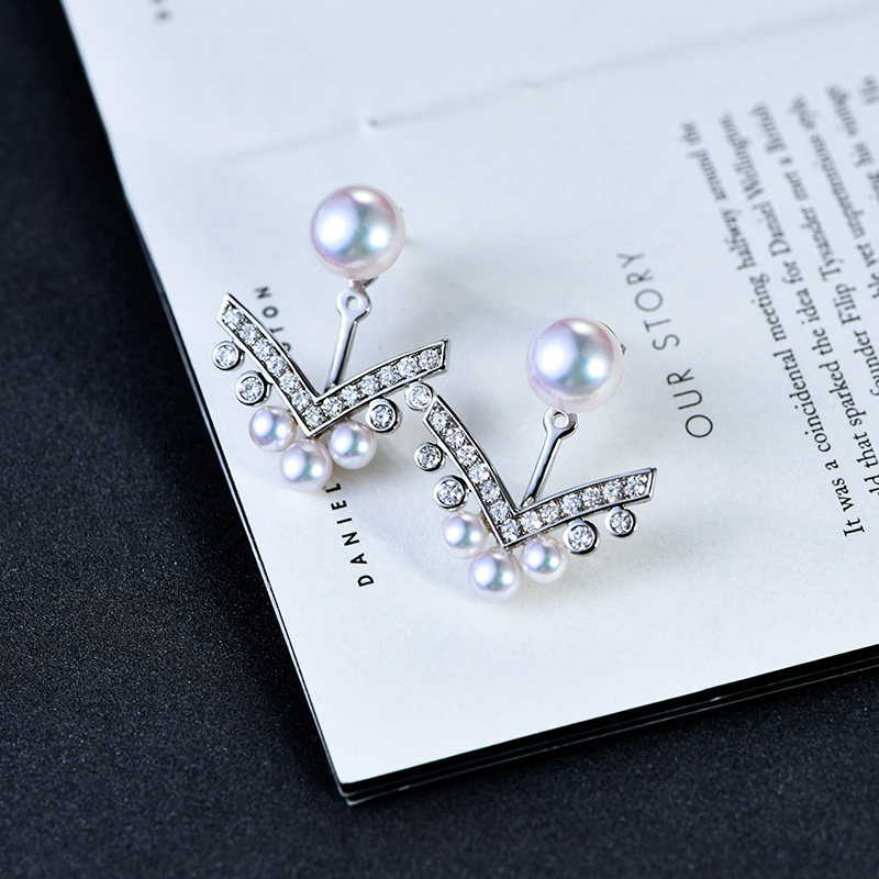 约瑟芬宋慧乔同款18K白金钻石日本akoya海水珍珠V型耳钉两用,淘宝优惠券,粉丝福利购,淘宝优惠卷