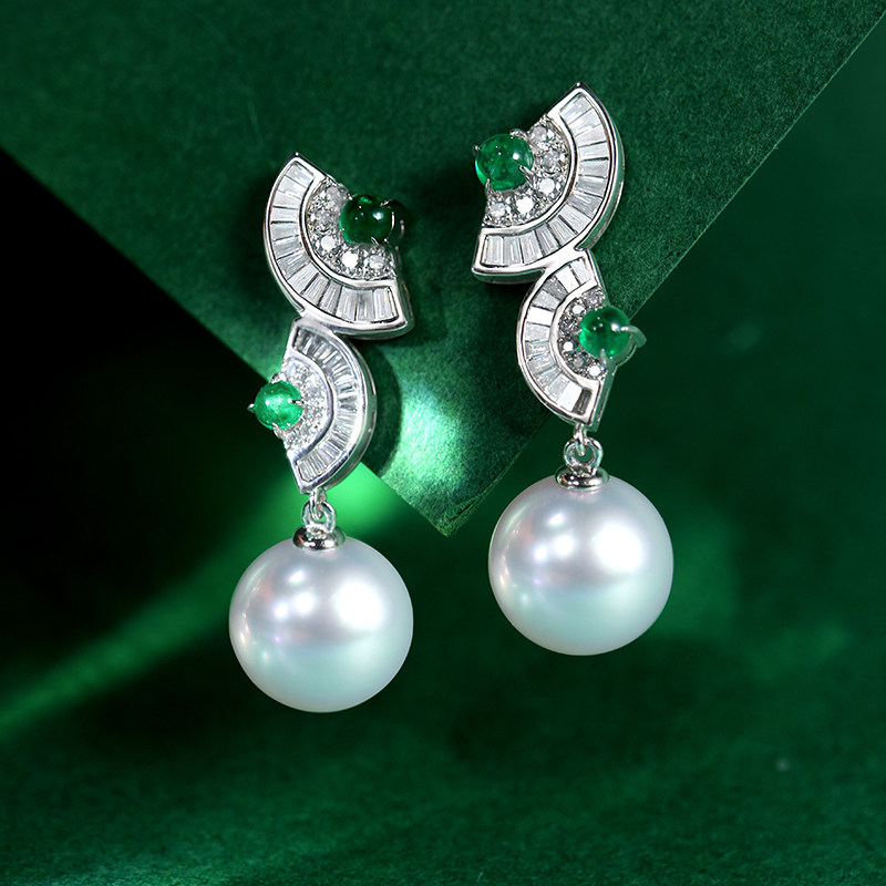 18K金天然南洋澳白珍珠耳钉祖母绿钻石耳环新中式珠宝折扇送妈妈,淘宝优惠券,粉丝福利购,淘宝优惠卷