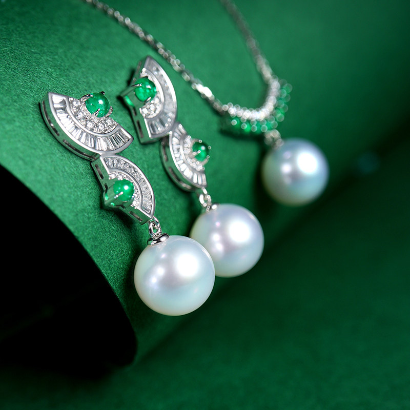 18K金天然南洋澳白珍珠耳钉祖母绿钻石耳环新中式珠宝折扇送妈妈,淘宝优惠券,粉丝福利购,淘宝优惠卷