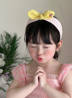 儿童简约彩色条纹高颅顶发箍甜美少女蝴蝶结宽边压发头箍发卡头饰
