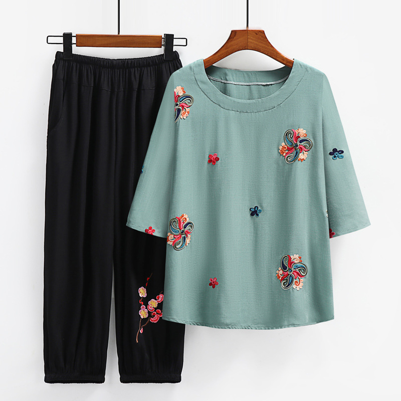 中老年人夏季中袖T恤上衣女妈妈睡衣棉绸2件套60岁70大码老人衣服
