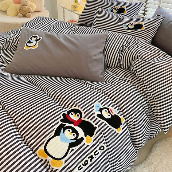 Cartoon thickened pure cotton brushed four-piece set