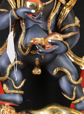 藏传尼泊尔纯手工铜鎏金彩绘西藏密宗黑财神佛像铜像客厅摆件50cm