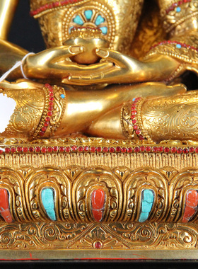 尼泊尔纯手工进口释迦族阿弥陀佛像紫铜鎏金镶嵌宝石家用1尺摆件