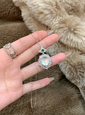 S925纯银中式高冰玉髓吊坠项链玛瑙椭圆镶嵌长款国风爱丽丝锁骨链