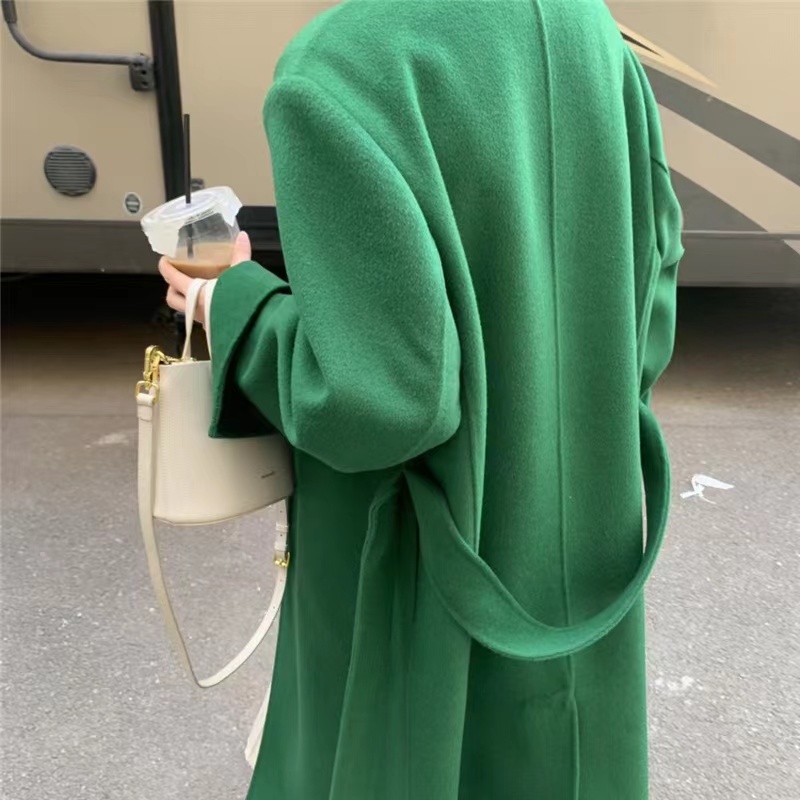 韩国东大门2021冬新款绿色双面羊毛大衣女长款超气质收腰显瘦外套