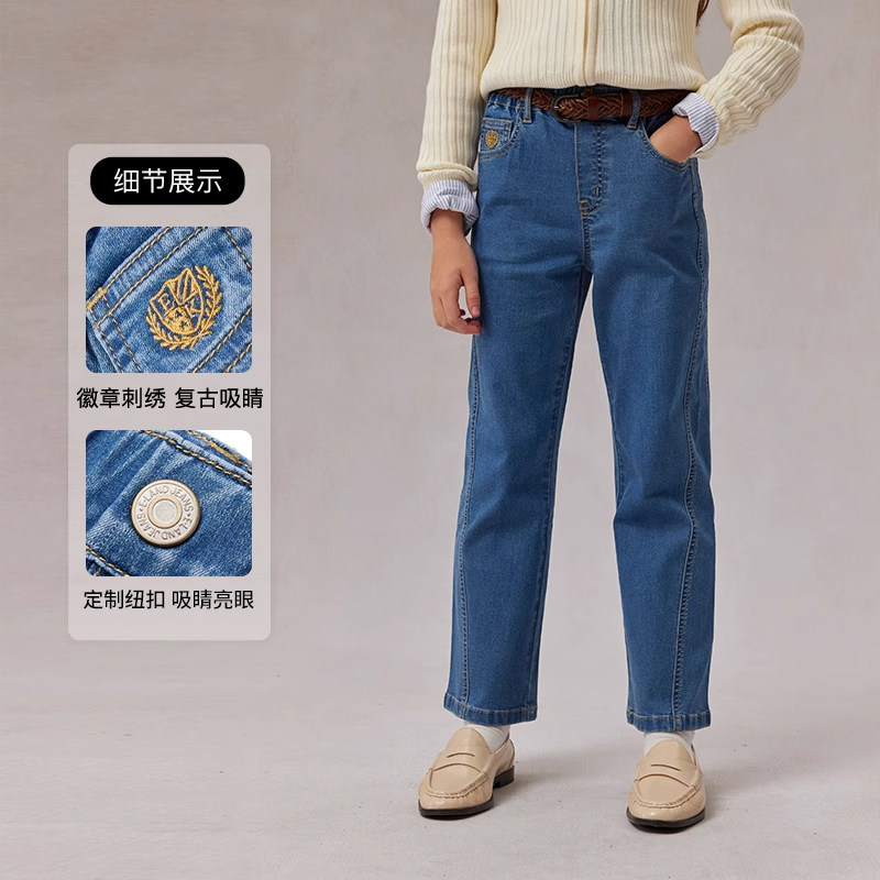 eland kids衣恋童装女童牛仔裤2025年春秋学院风刺绣裤子直筒裤,淘宝优惠券,粉丝福利购,淘宝优惠卷