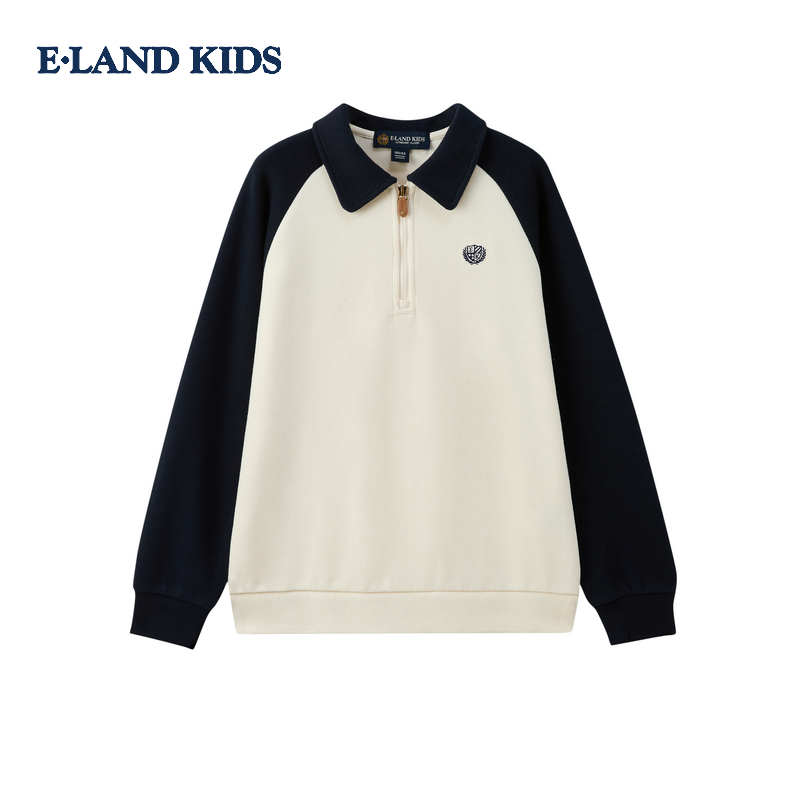elandkids衣恋童装男童T恤25年冬新品学院风刺绣插肩袖polo领上衣 - 图0