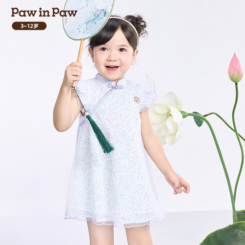 PawinPaw卡通小熊童装夏季女童国风连衣裙雪纺绣花甜美网纱裙 - 图0