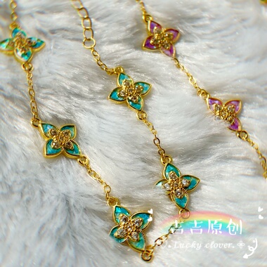 螺钿四叶草锆石铜镀真金手链非遗贝壳片送礼送人可定制颜色