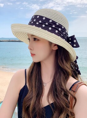 夏季帽子女波点飘带草帽旅游沙滩帽大沿防晒遮阳礼帽翘沿太阳海边