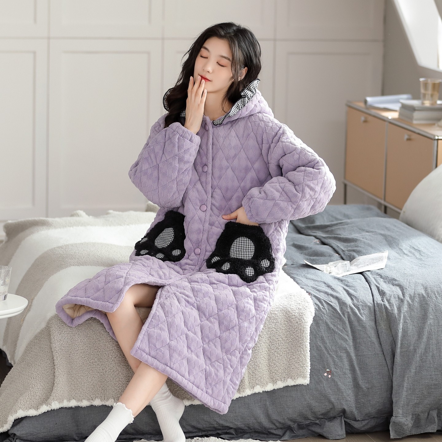 猫人女士睡袍珊瑚绒三层夹棉女款保暖牛奶绒冬季加厚加绒长款浴袍,淘宝优惠券,粉丝福利购,淘宝优惠卷